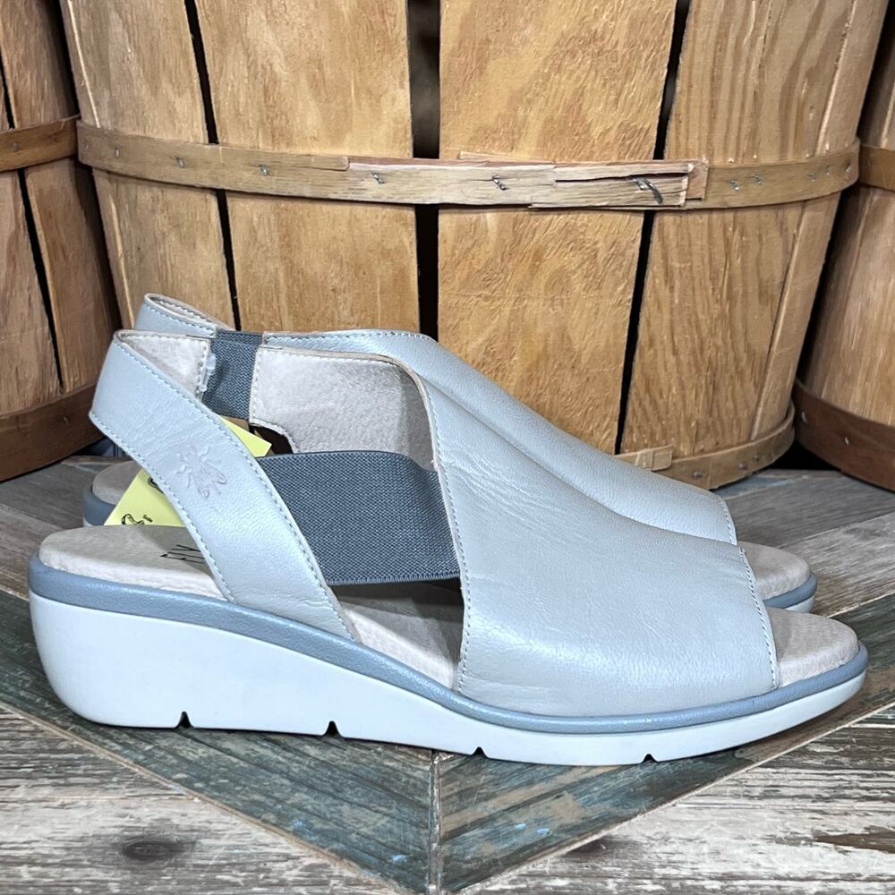 Fly London Nily Silver Pewter Leather Wedge Slingback Sandals Women Size 9 EU 40